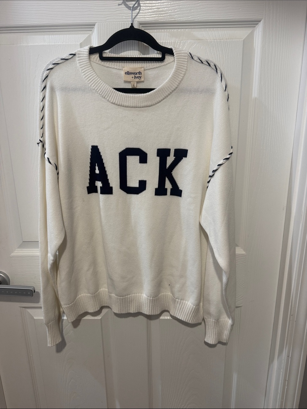 Ellsworth + Ivy White Knit Sweater with Navy Lettering